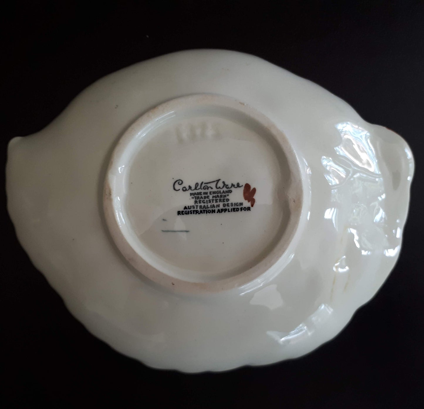 Vintage Carlton Ware leaf shaped yellow dish with a purple fox glove flowers