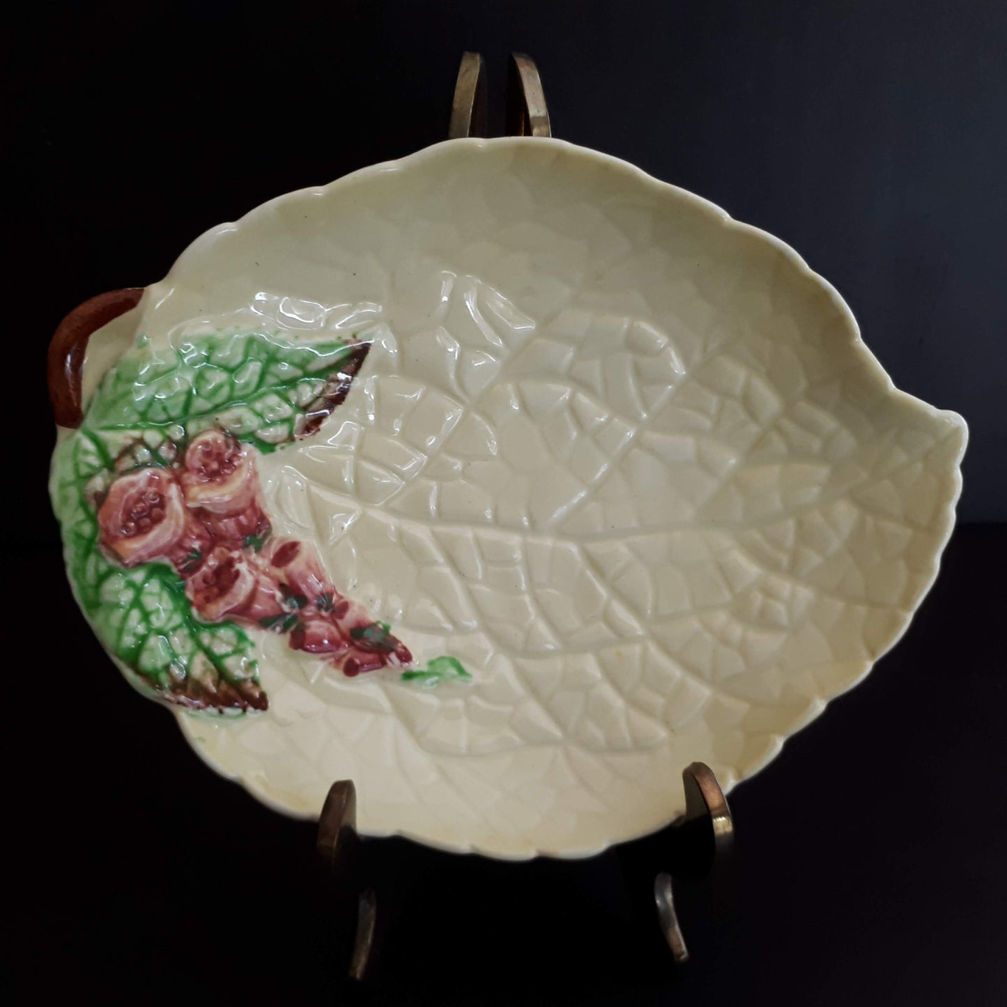 Vintage Carlton Ware leaf shaped yellow dish with a purple fox glove flowers
