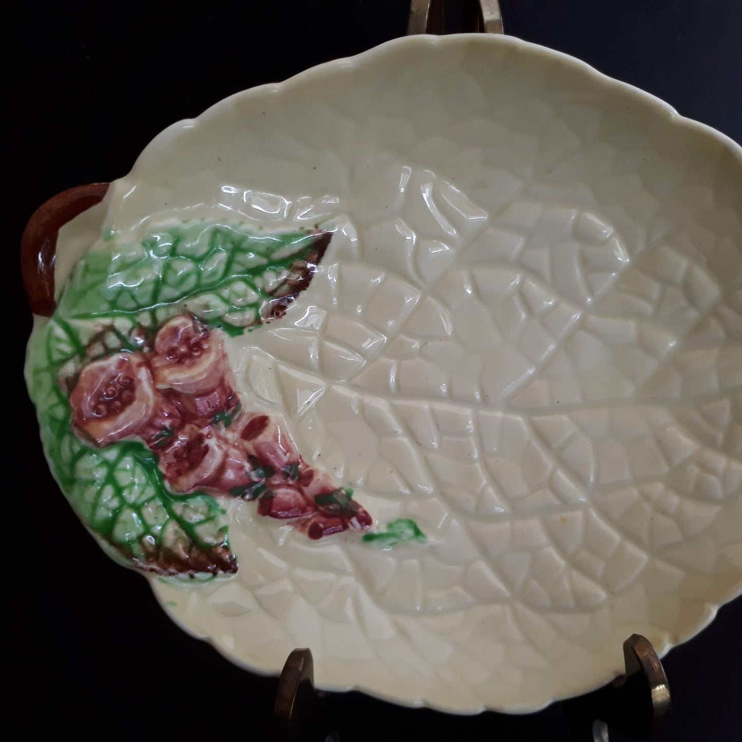 Vintage Carlton Ware leaf shaped yellow dish with a purple fox glove flowers