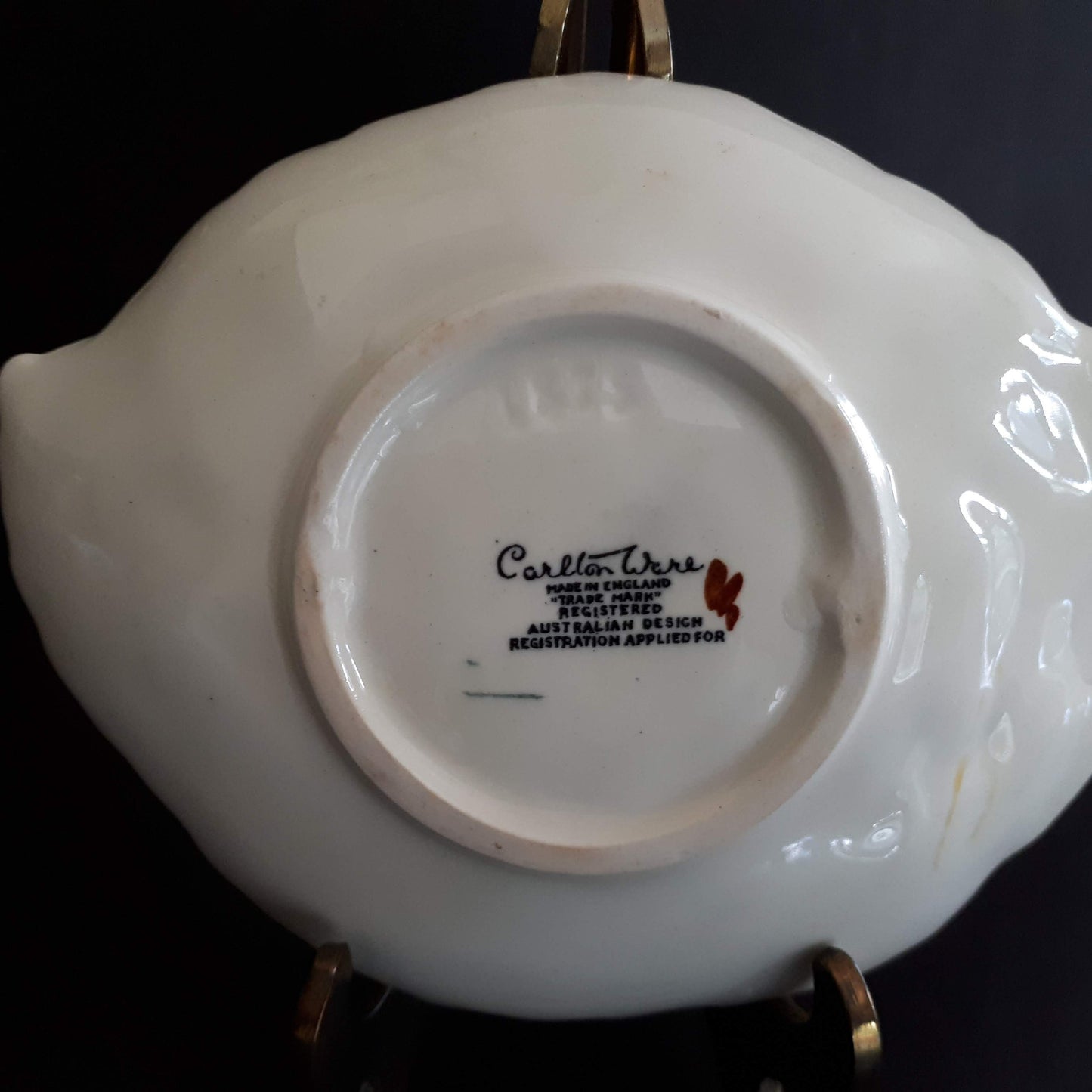 Vintage Carlton Ware leaf shaped yellow dish with a purple fox glove flowers