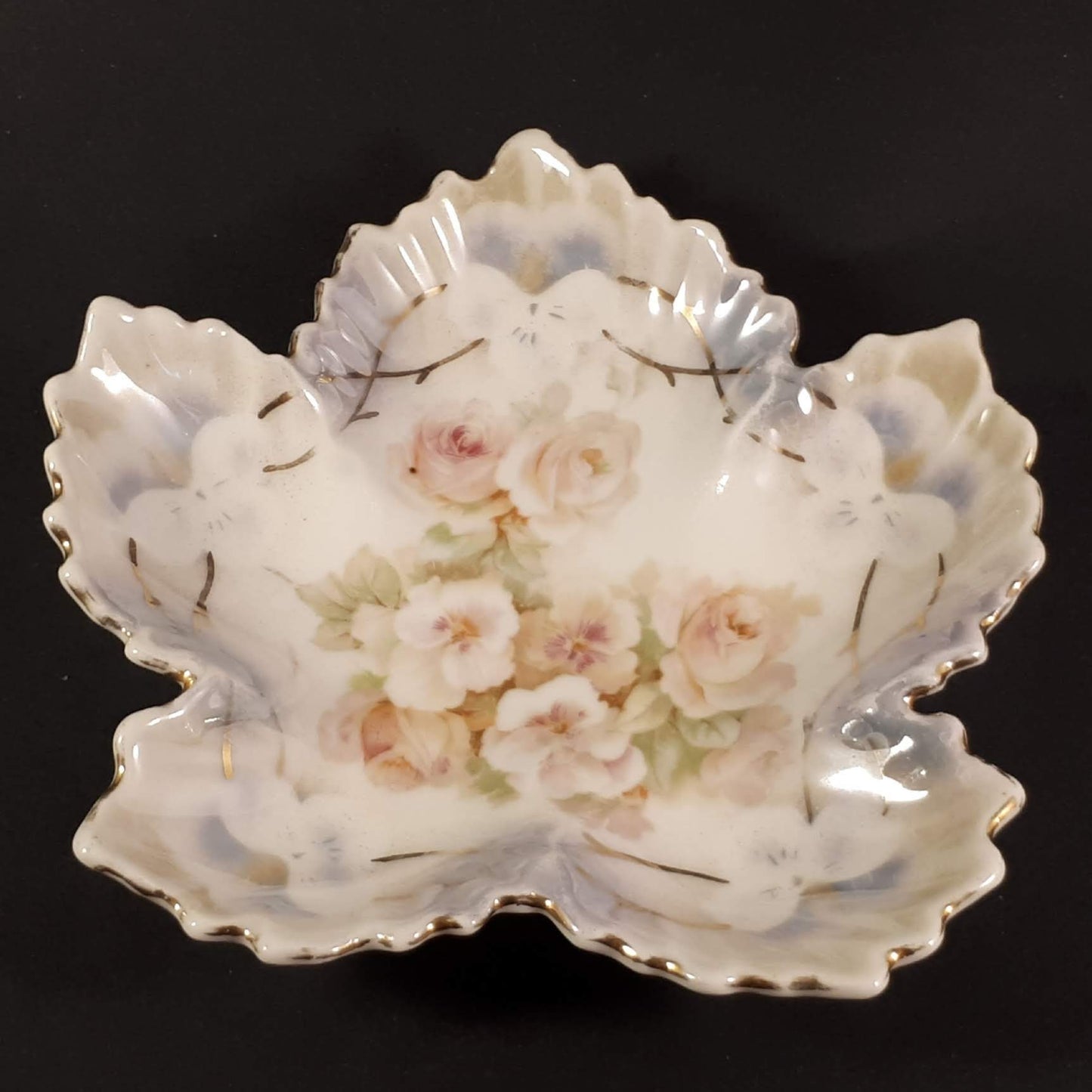 Vintage Leuchtenburg (Green Mark) Germany Porcelain Leaf Dish, White and Pink Fl