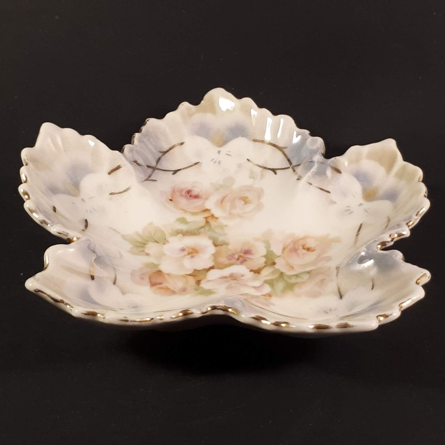 Vintage Leuchtenburg (Green Mark) Germany Porcelain Leaf Dish, White and Pink Fl