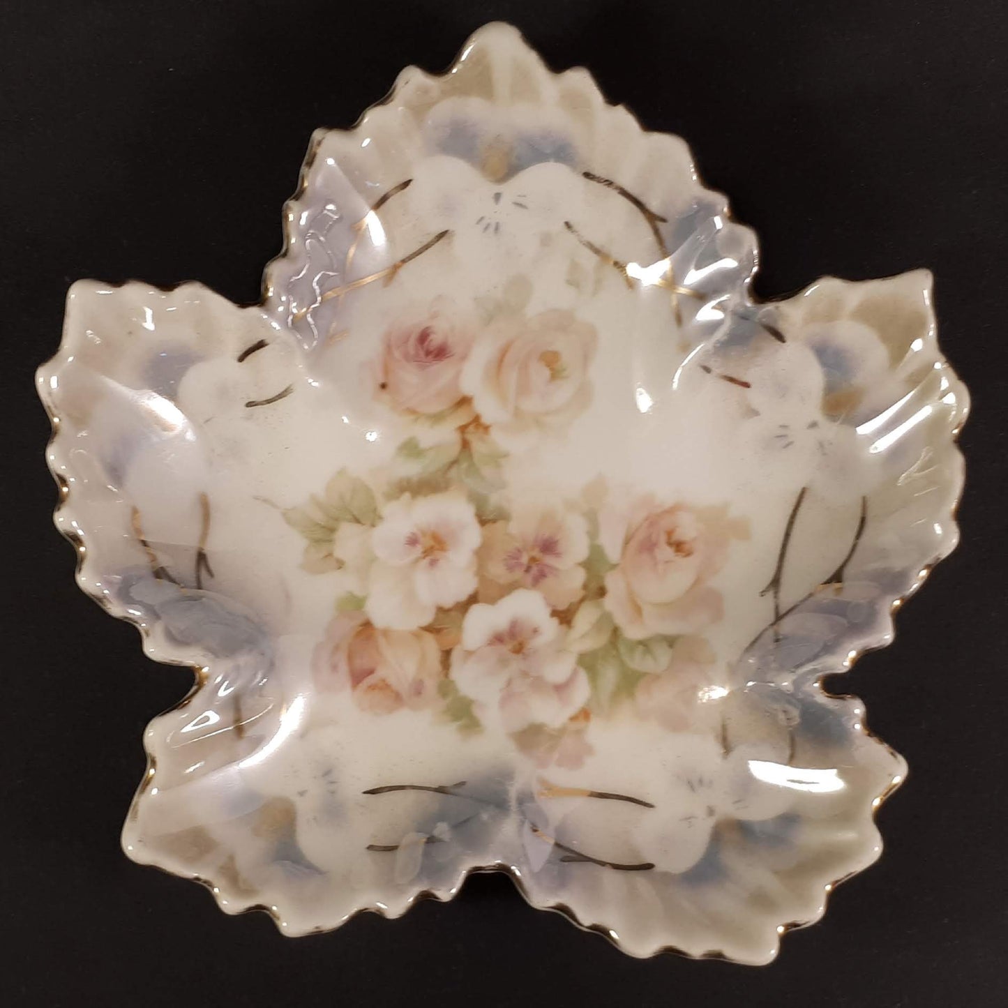 Vintage Leuchtenburg (Green Mark) Germany Porcelain Leaf Dish, White and Pink Fl