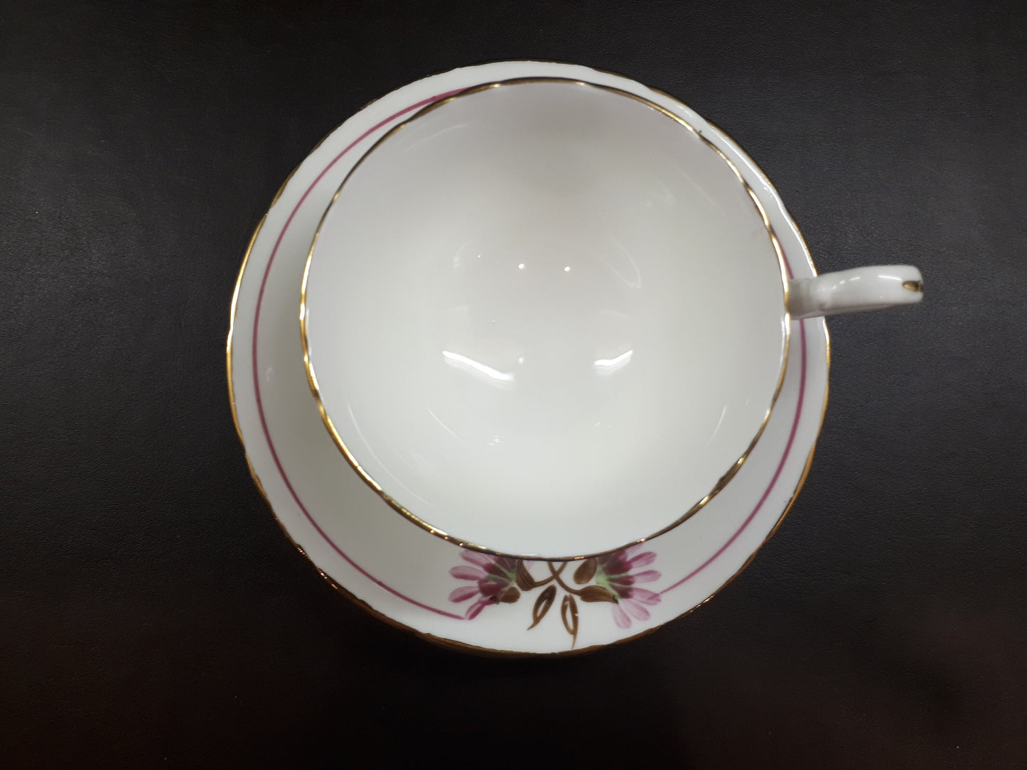 Vintage Delphine Tea Cup and Saucer, Pink & Purple Floral, Gold Trim