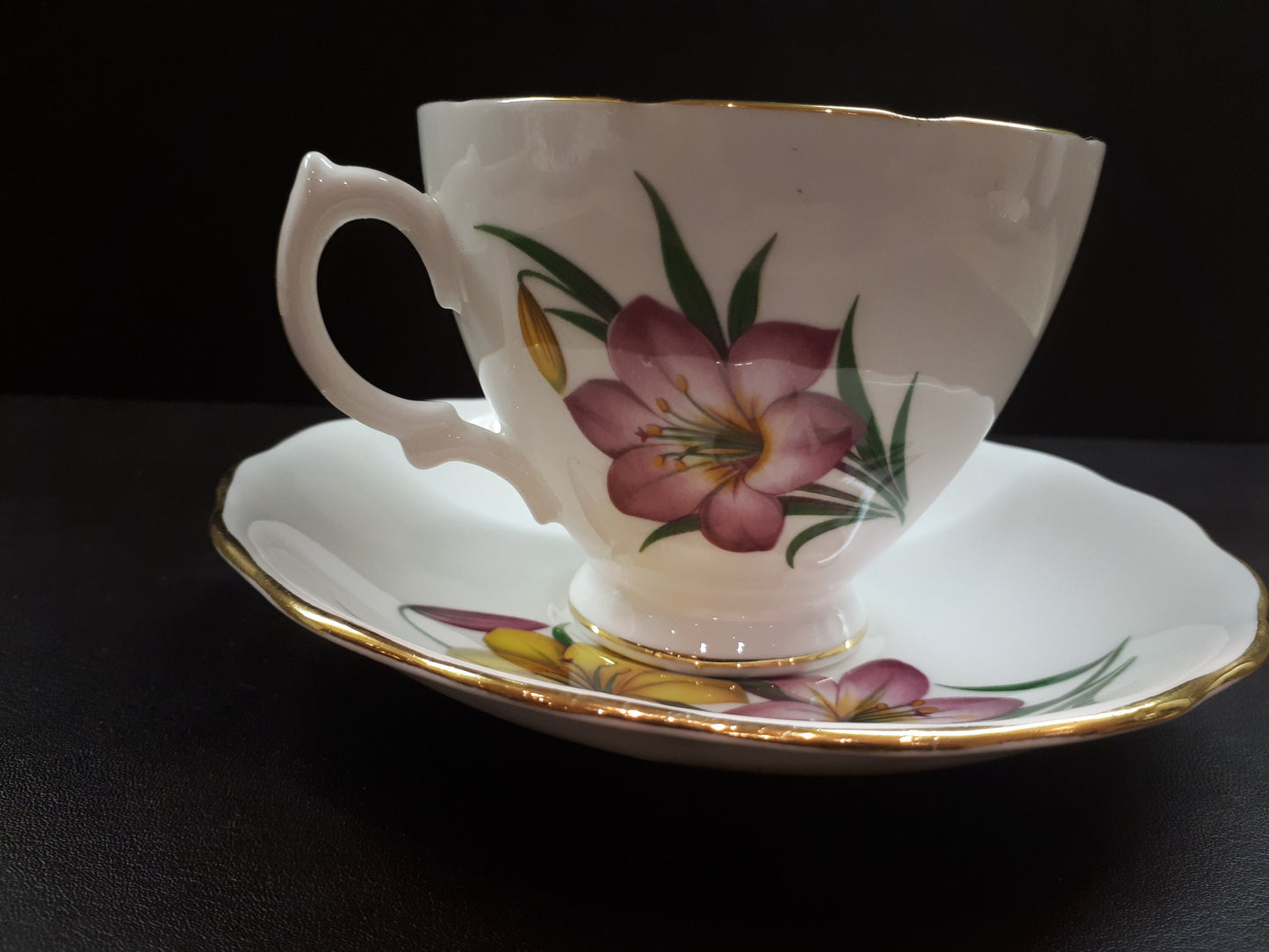 Vintage Royal Vale bright Yellow and Pink Flowers Tea cup and saucer