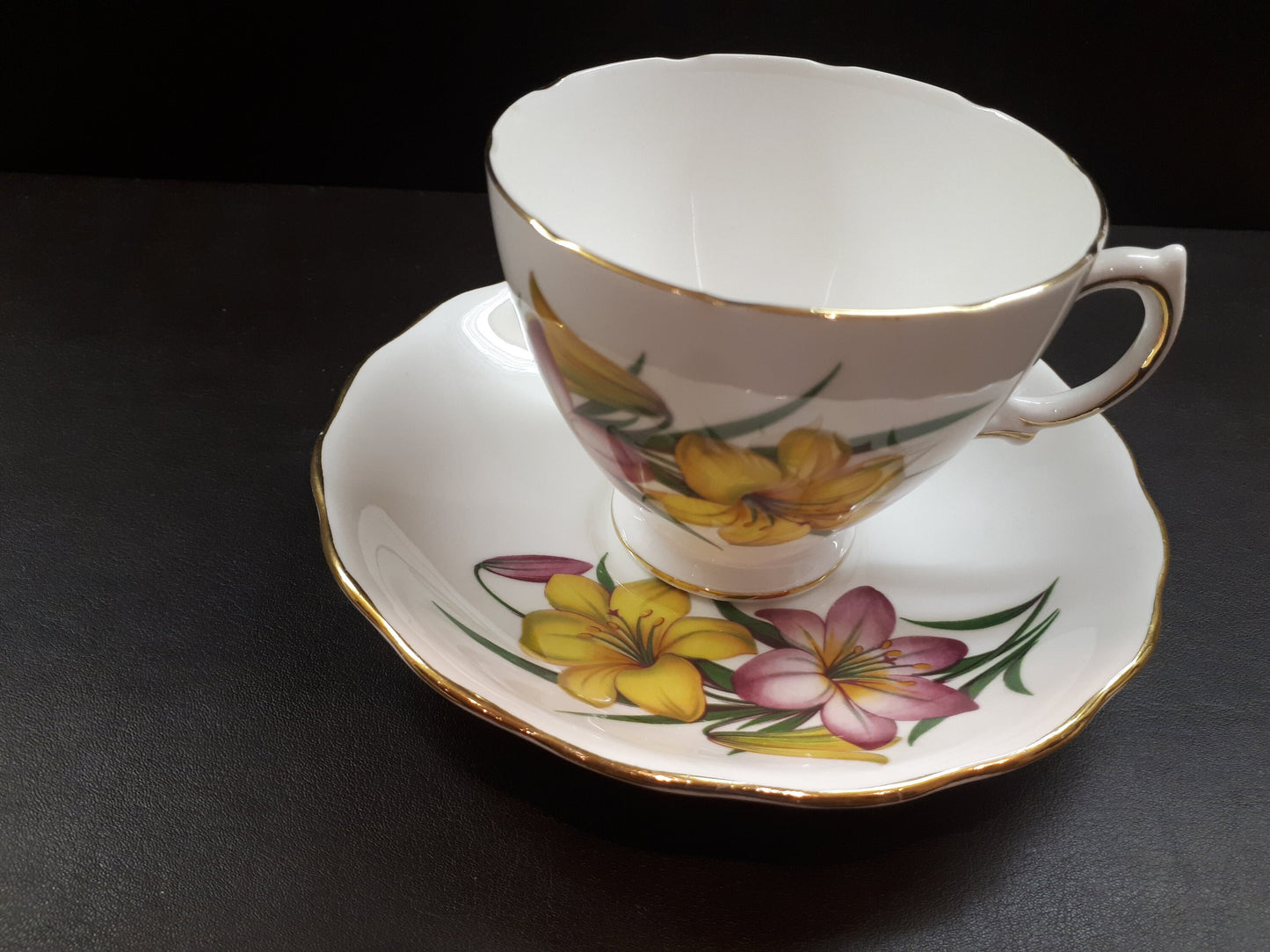 Vintage Royal Vale bright Yellow and Pink Flowers Tea cup and saucer