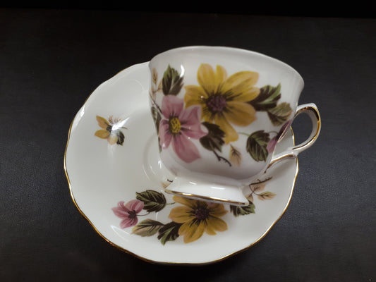 Royal Vale Ridgway Pink and Yellow Floral  Tea Cup & Saucer 8218