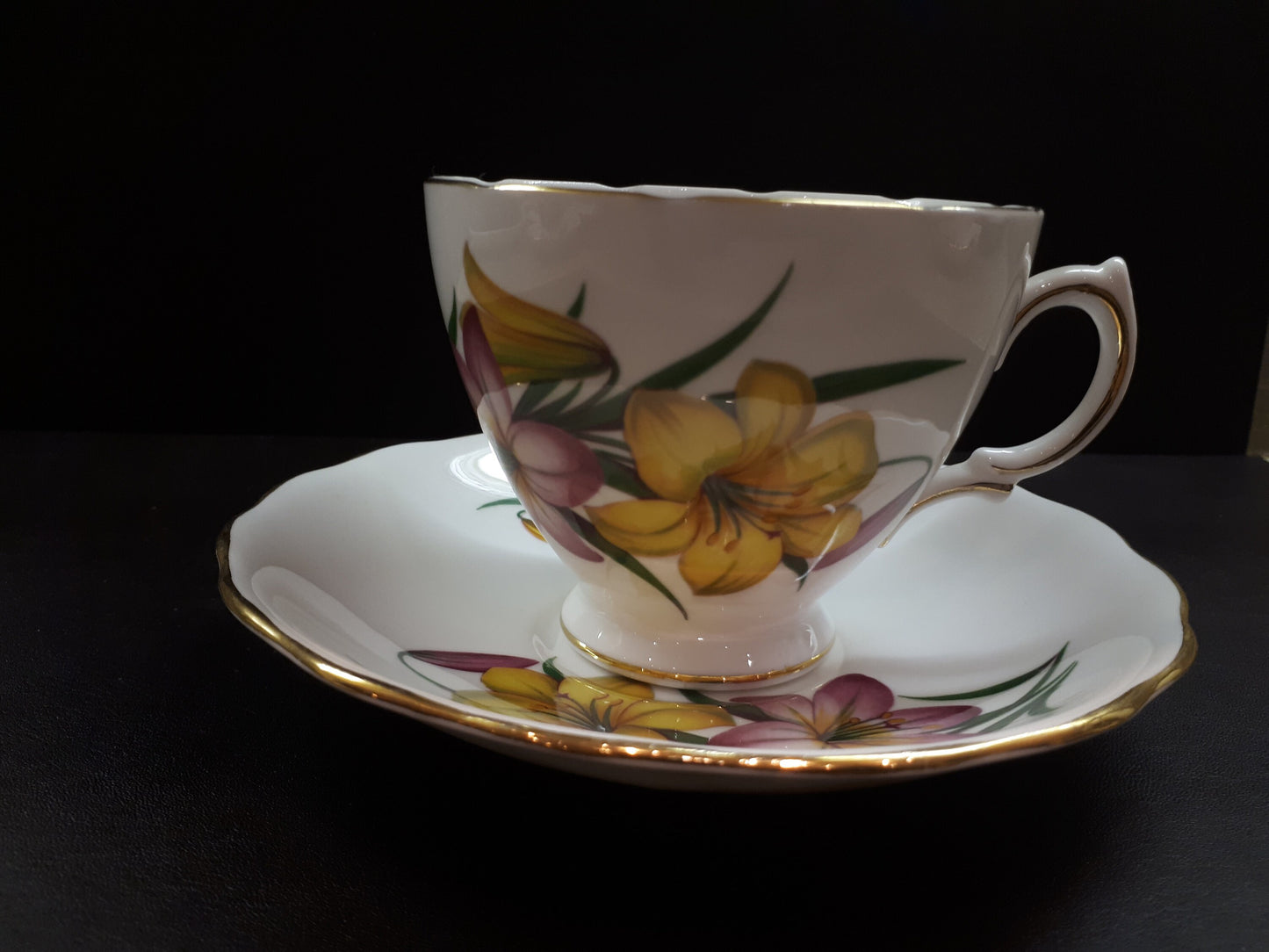 Vintage Royal Vale bright Yellow and Pink Flowers Tea cup and saucer