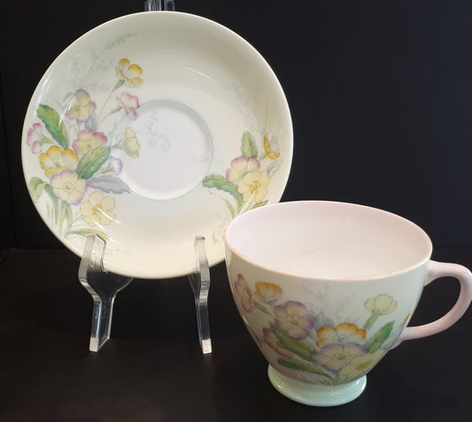 Rare Vintage Old Royal fine china pastel colored flowers design, pink handle