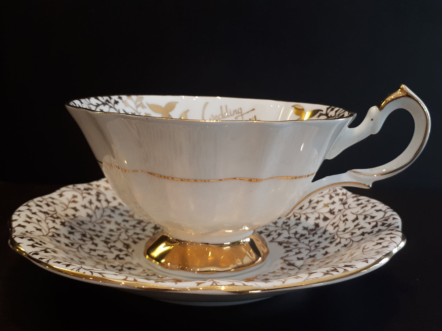 Vintage Queen Anne Gold leaves Wedding Anniversary teacup and saucer pattern 332