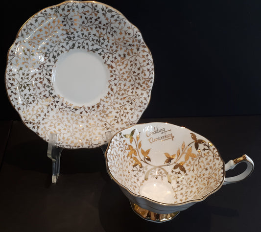 Vintage Queen Anne Gold leaves Wedding Anniversary teacup and saucer pattern 332