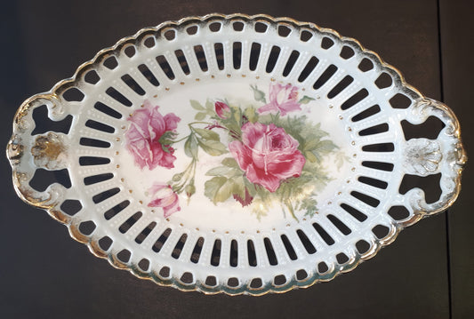 Vintage Porcelain candy dish Pink Roses with lattice design