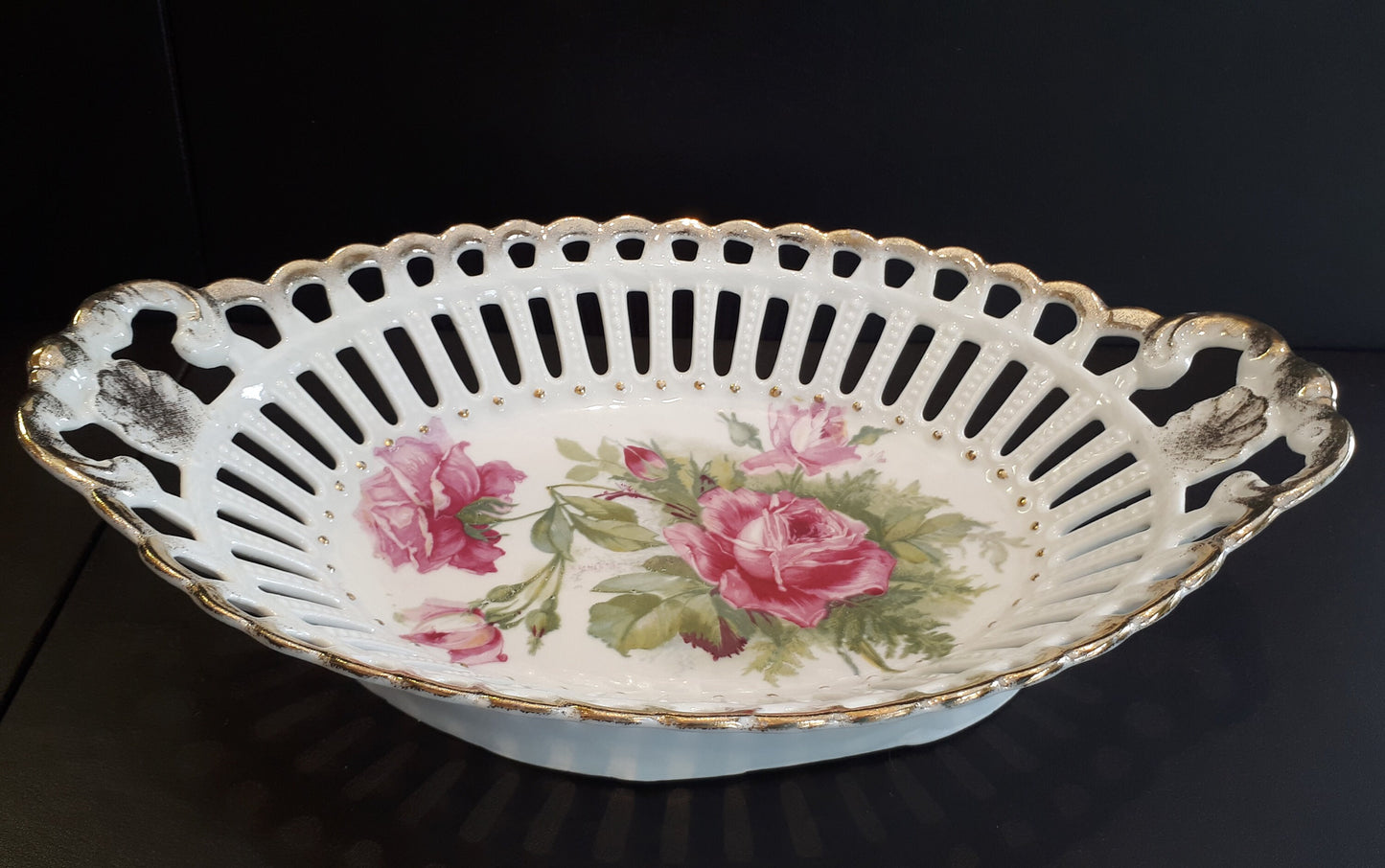 Vintage Porcelain candy dish Pink Roses with lattice design