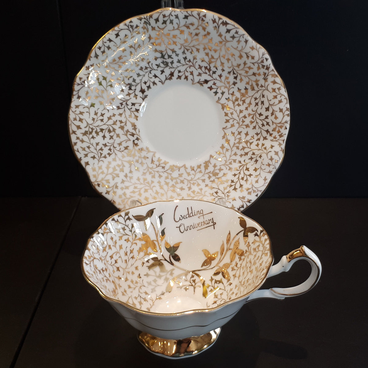Vintage Queen Anne Gold leaves Wedding Anniversary teacup and saucer pattern 332