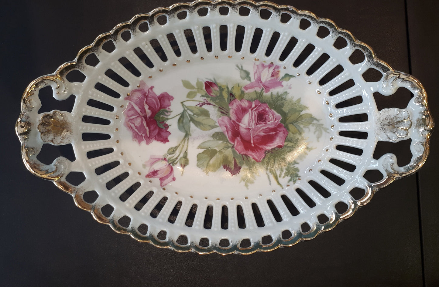 Vintage Porcelain candy dish Pink Roses with lattice design