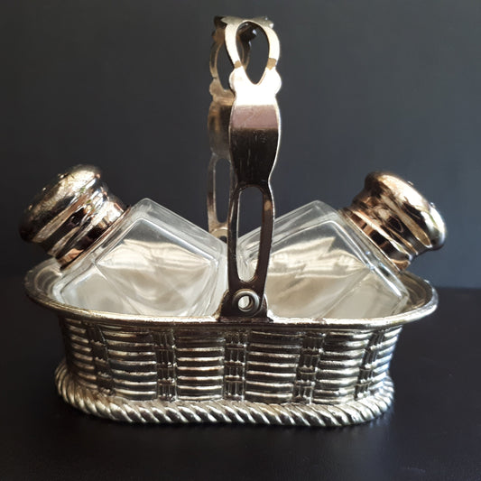3 Piece Vintage Salt & Pepper shakers in Zinc Basket from Japan