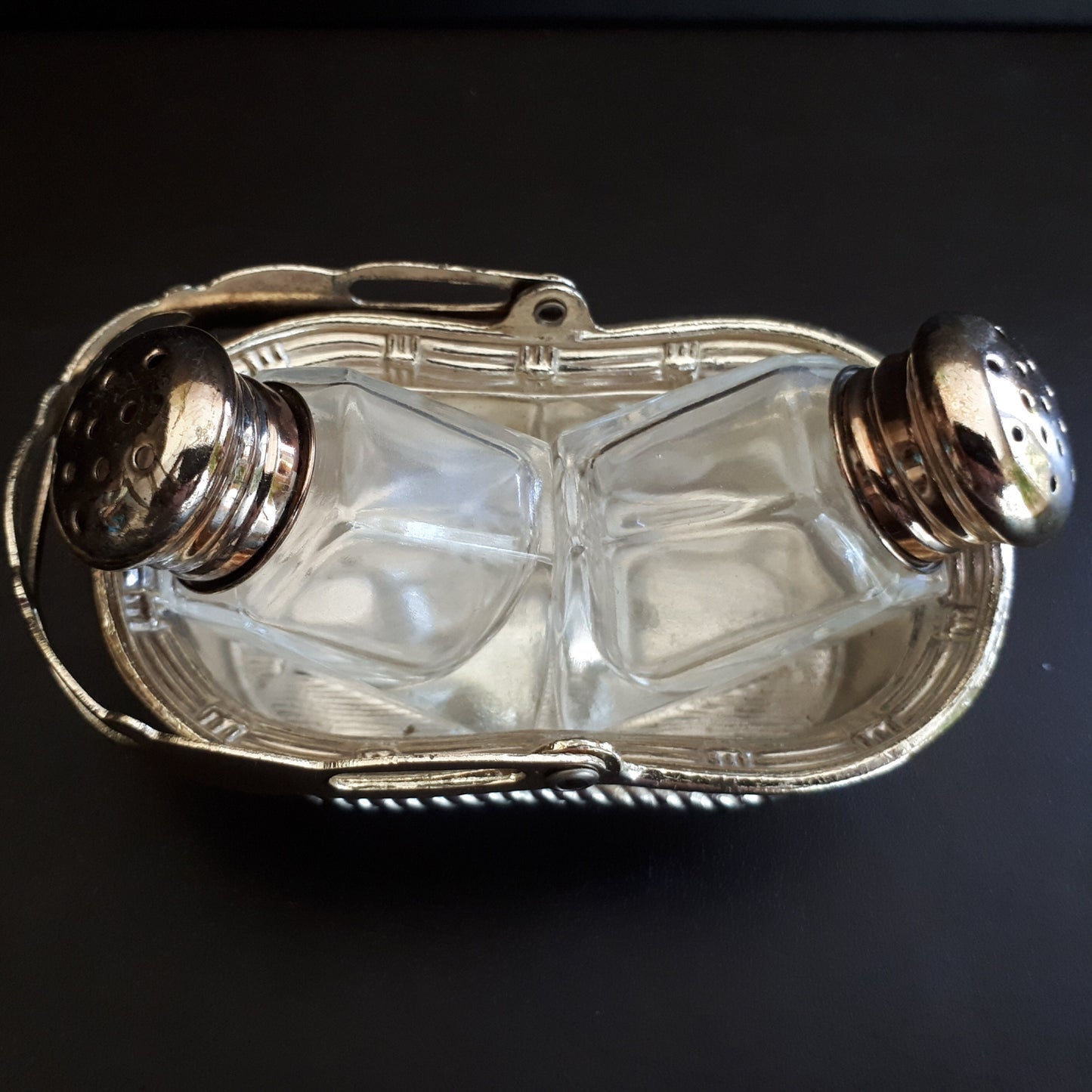 3 Piece Vintage Salt & Pepper shakers in Zinc Basket from Japan