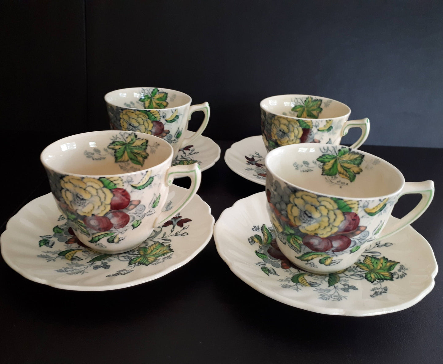 Set of 4 Royal Doulton Demitasse Cup Saucer The Kirkwood Flowers & Fruits design