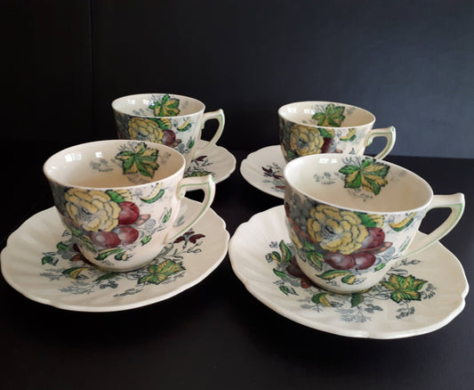 Set of 4 Royal Doulton Demitasse Cup Saucer The Kirkwood Flowers & Fruits design