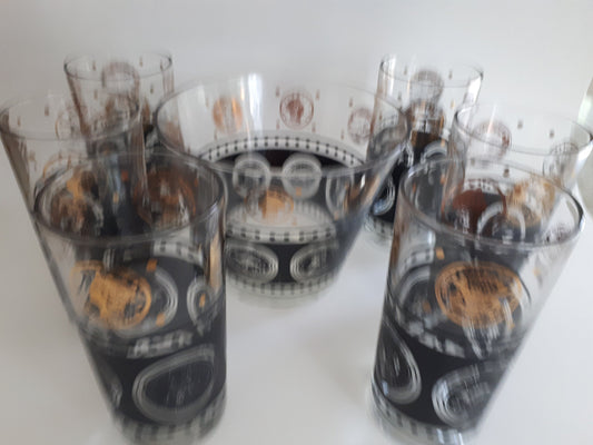 MCM 6 Vintage Libbey Black Textured Gold Coin Design High Ball Glasses & Ice Bucket