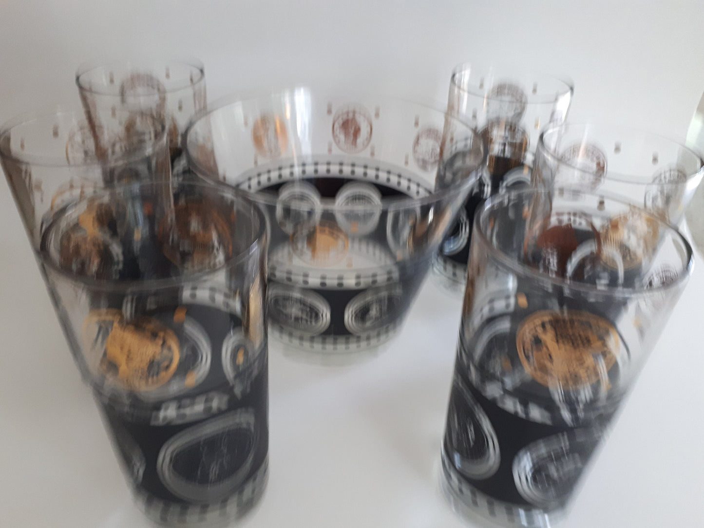 MCM 6 Vintage Libbey Black Textured Gold Coin Design High Ball Glasses & Ice Bucket