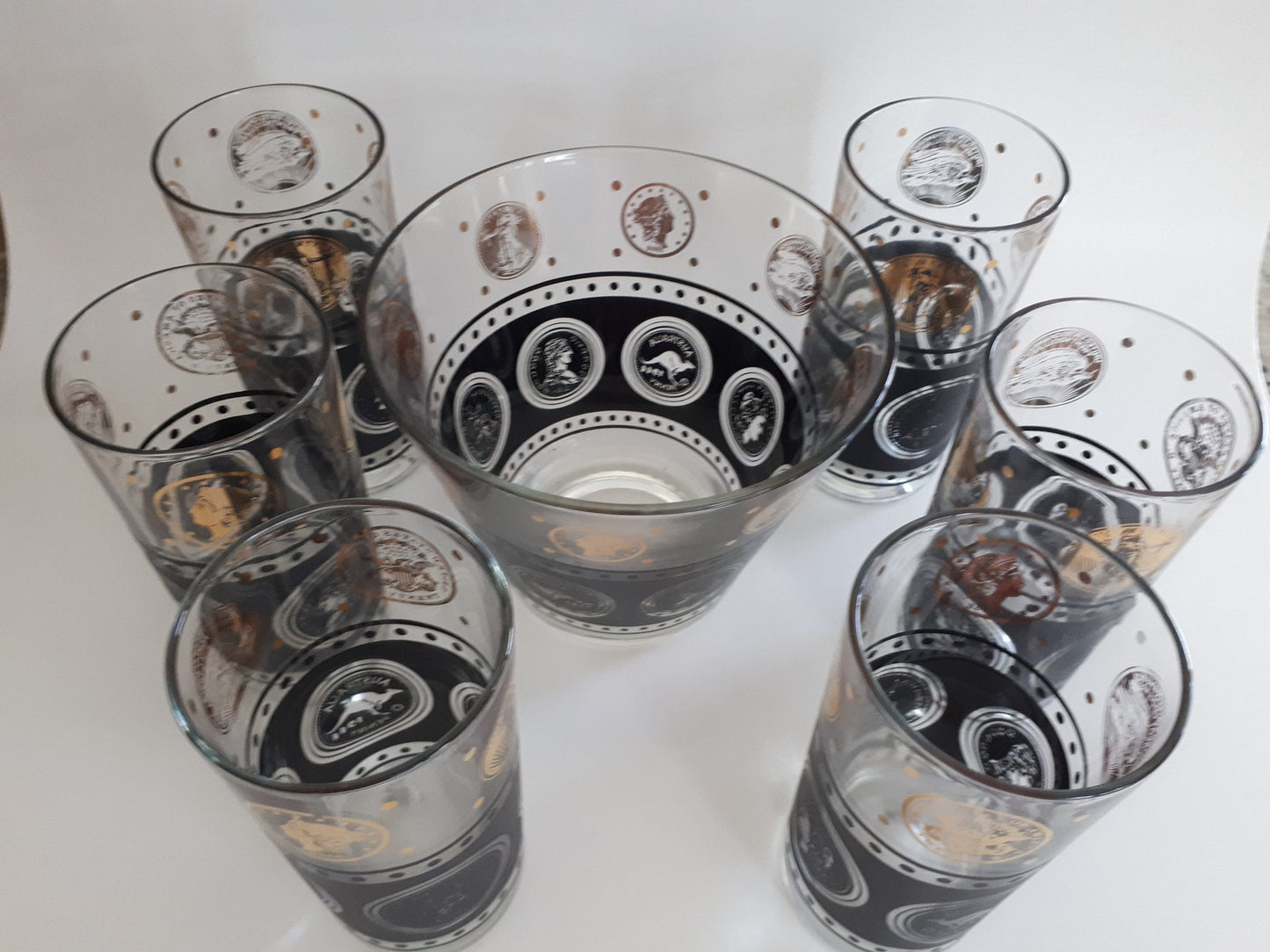 MCM 6 Vintage Libbey Black Textured Gold Coin Design High Ball Glasses & Ice Bucket