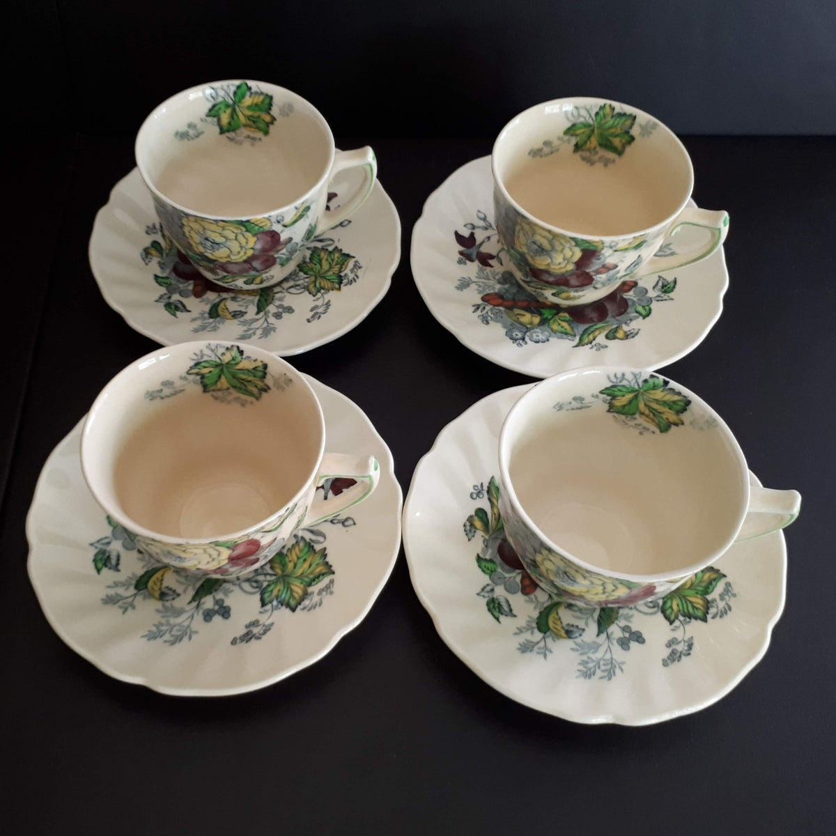 Set of 4 Royal Doulton Demitasse Cup Saucer The Kirkwood Flowers & Fruits design
