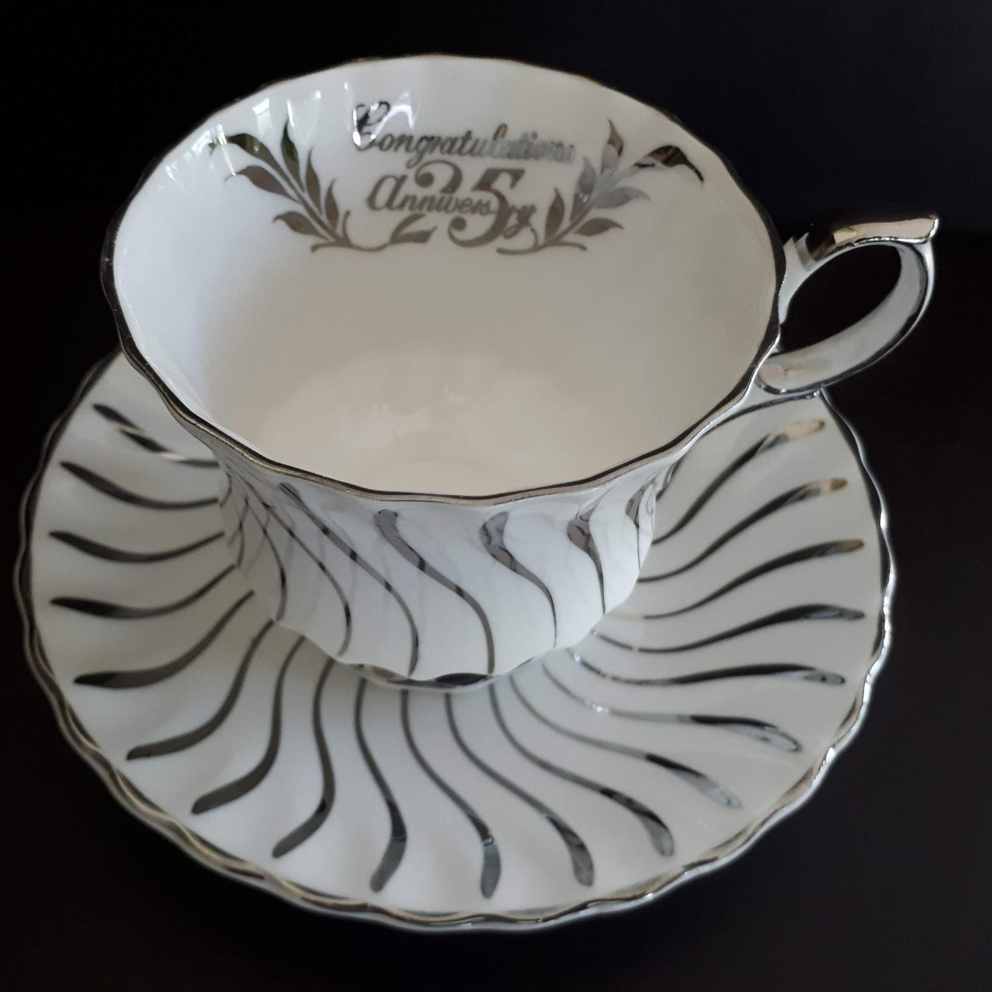Vintage Queen Anne 25th Anniversary Silver Teacup and Saucer