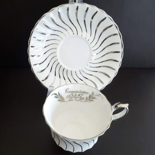 Vintage Queen Anne 25th Anniversary Silver Teacup and Saucer