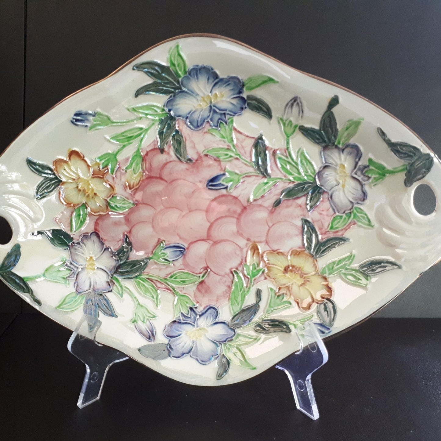 Rare Vintage Art Deco floral Maling Godetia pink Lustre Ware Dish pattern 6552