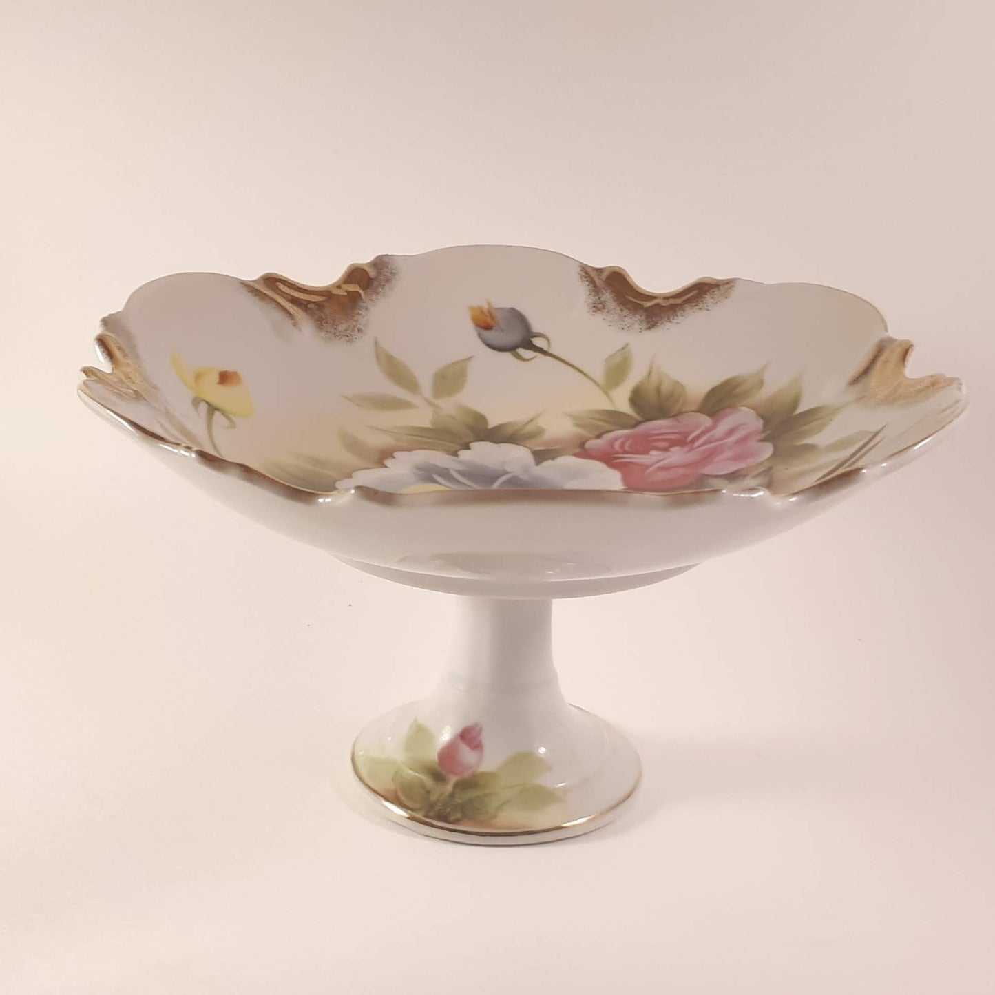 Vintage Hand-Painted Japanese Floral Candy Dish, Footed Pedestal Bowl 9724
