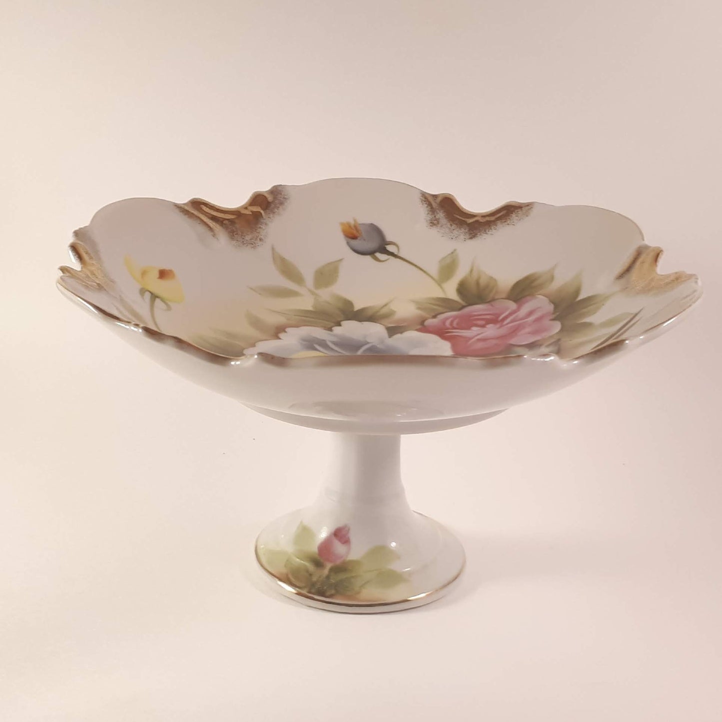 Vintage Hand-Painted Japanese Floral Candy Dish, Footed Pedestal Bowl 9724
