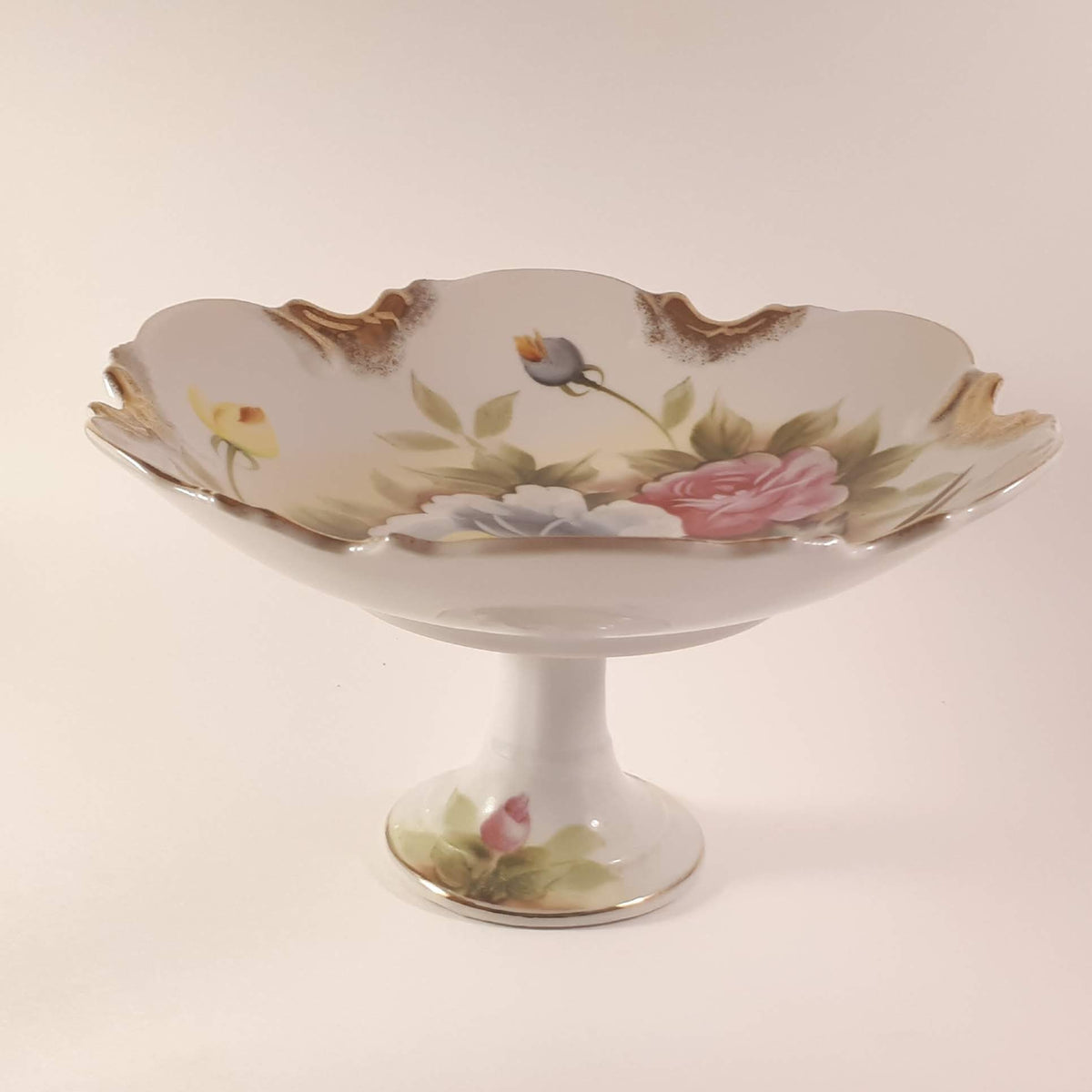 Vintage Hand-Painted Japanese Floral Candy Dish, Footed Pedestal Bowl 9724