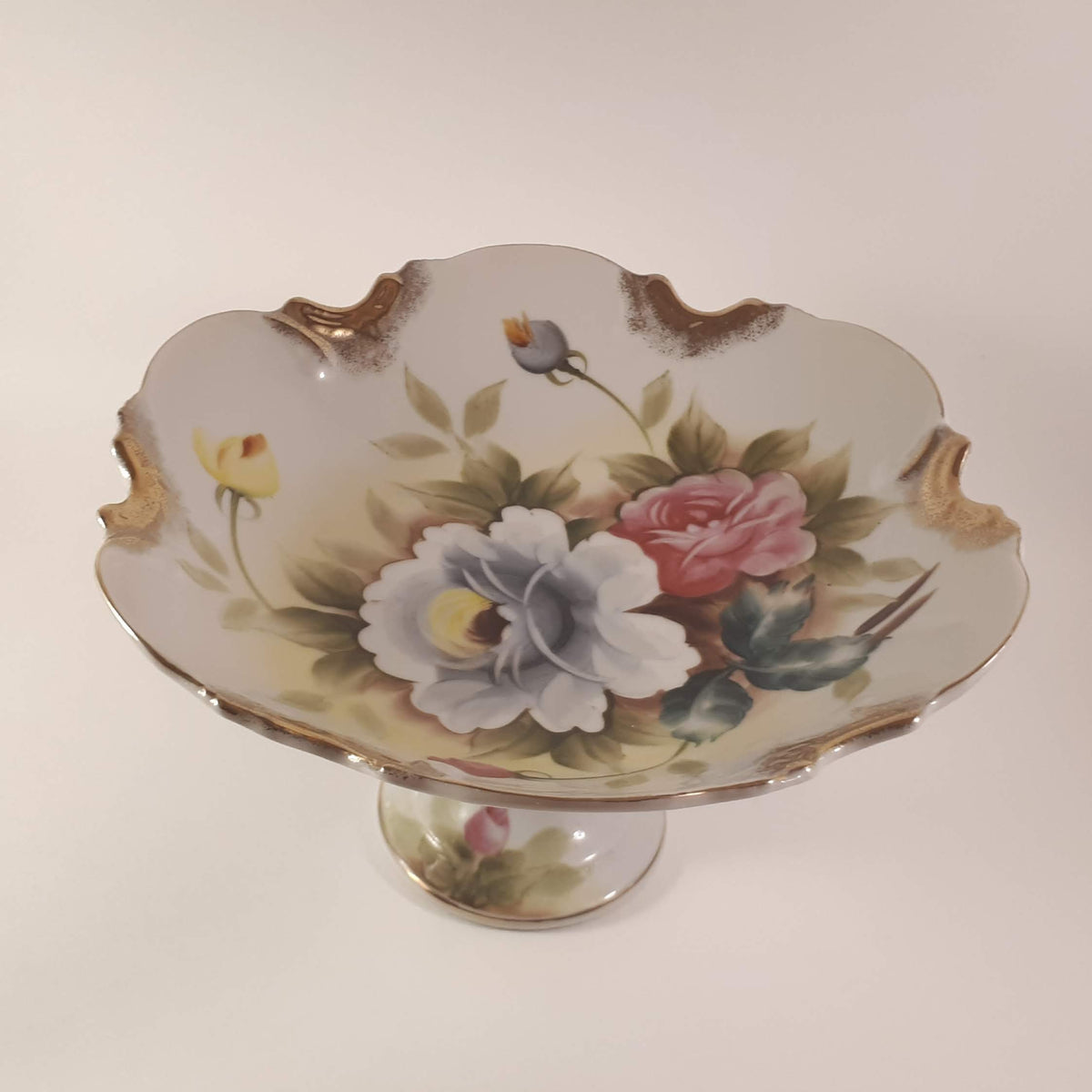 Vintage Hand-Painted Japanese Floral Candy Dish, Footed Pedestal Bowl 9724