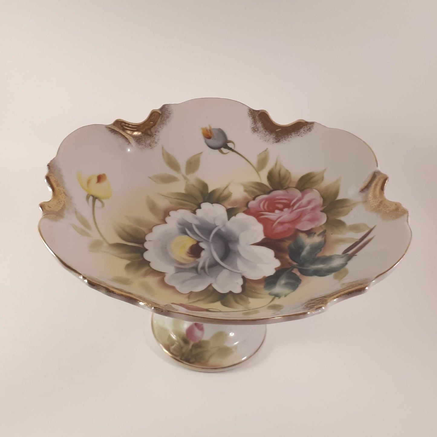 Vintage Hand-Painted Japanese Floral Candy Dish, Footed Pedestal Bowl 9724