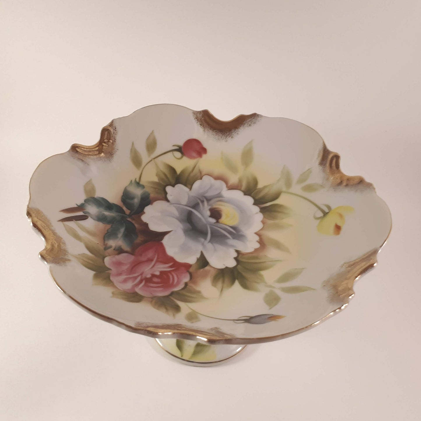 Vintage Hand-Painted Japanese Floral Candy Dish, Footed Pedestal Bowl 9724