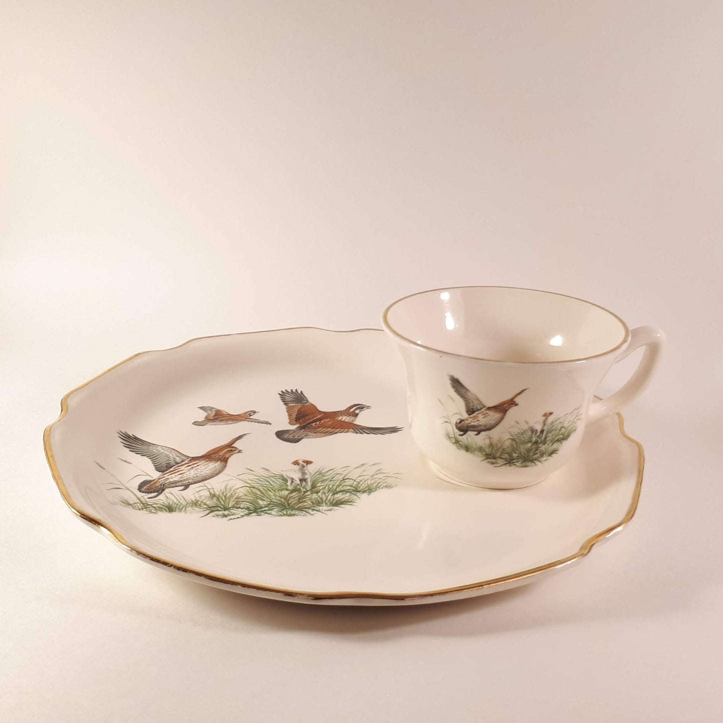 1950s Vintage Luncheon Plate & teacup Georgian USA, Grouses flying 22 KT