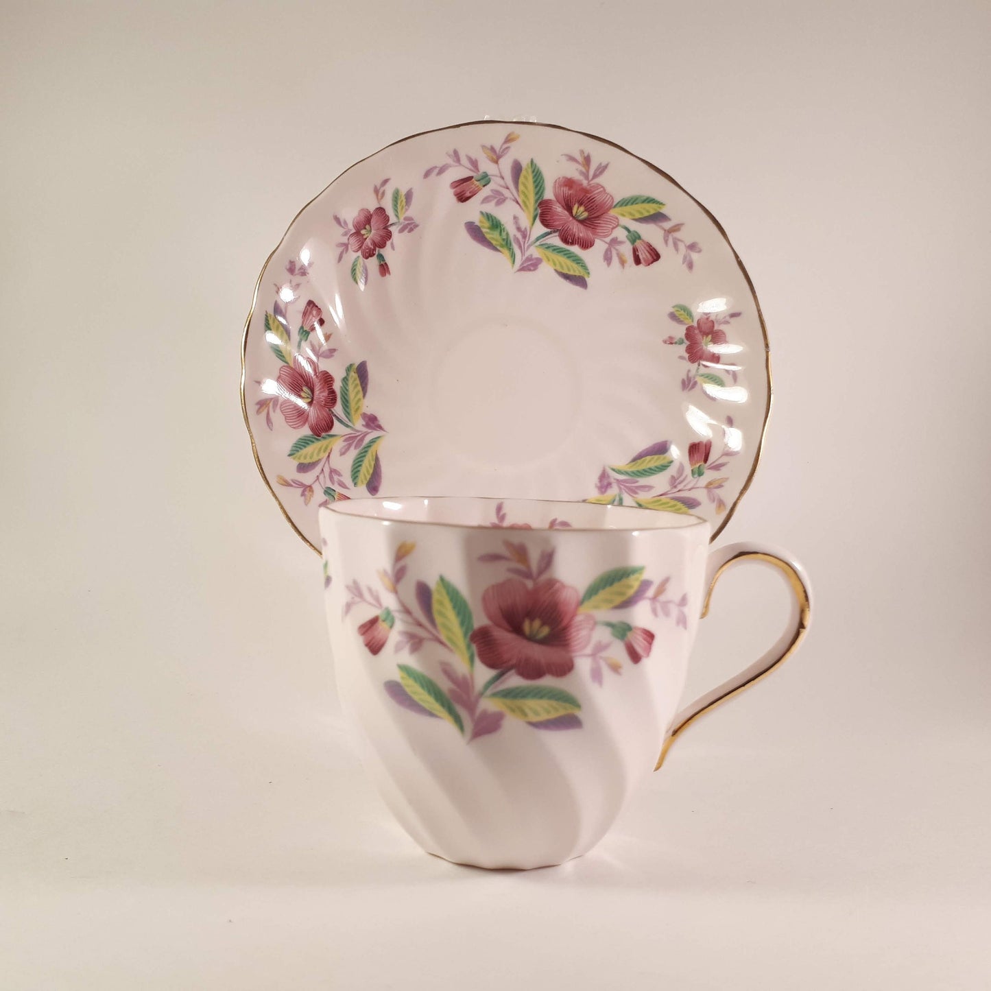 Vintage Tuscan Bone China Teacup and Saucer, Pink Floral Design
