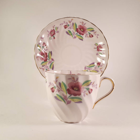 Vintage Tuscan Bone China Teacup and Saucer, Pink Floral Design
