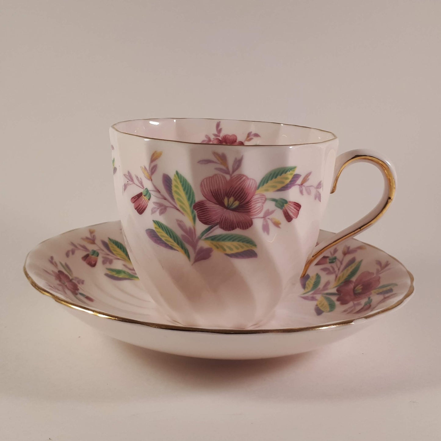 Vintage Tuscan Bone China Teacup and Saucer, Pink Floral Design