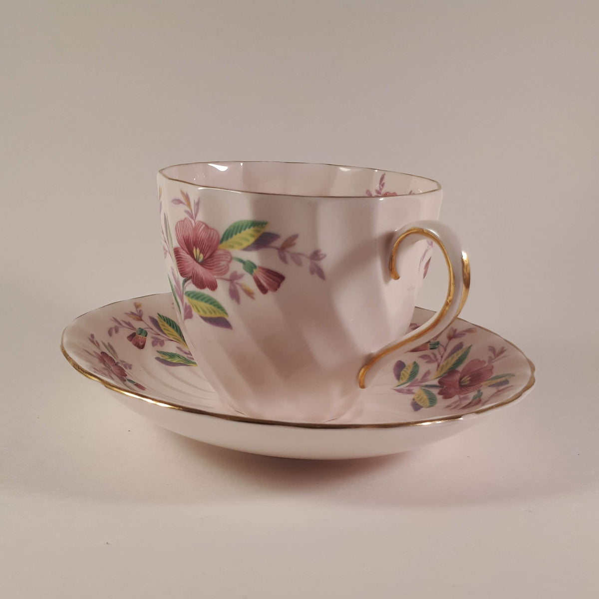 Vintage Tuscan Bone China Teacup and Saucer, Pink Floral Design