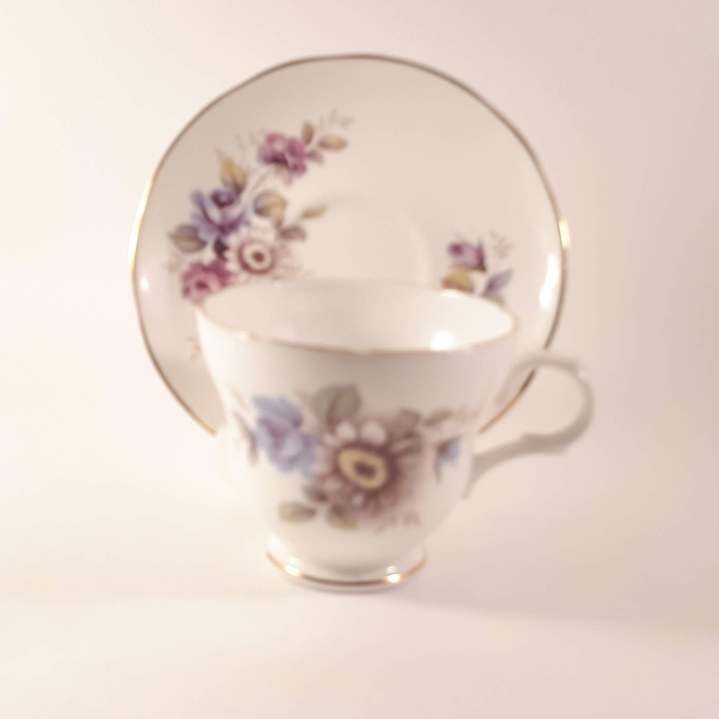 Vintage Crown Trent Teacup and Saucer Set: Pink and Purple Floral, Gold Trim