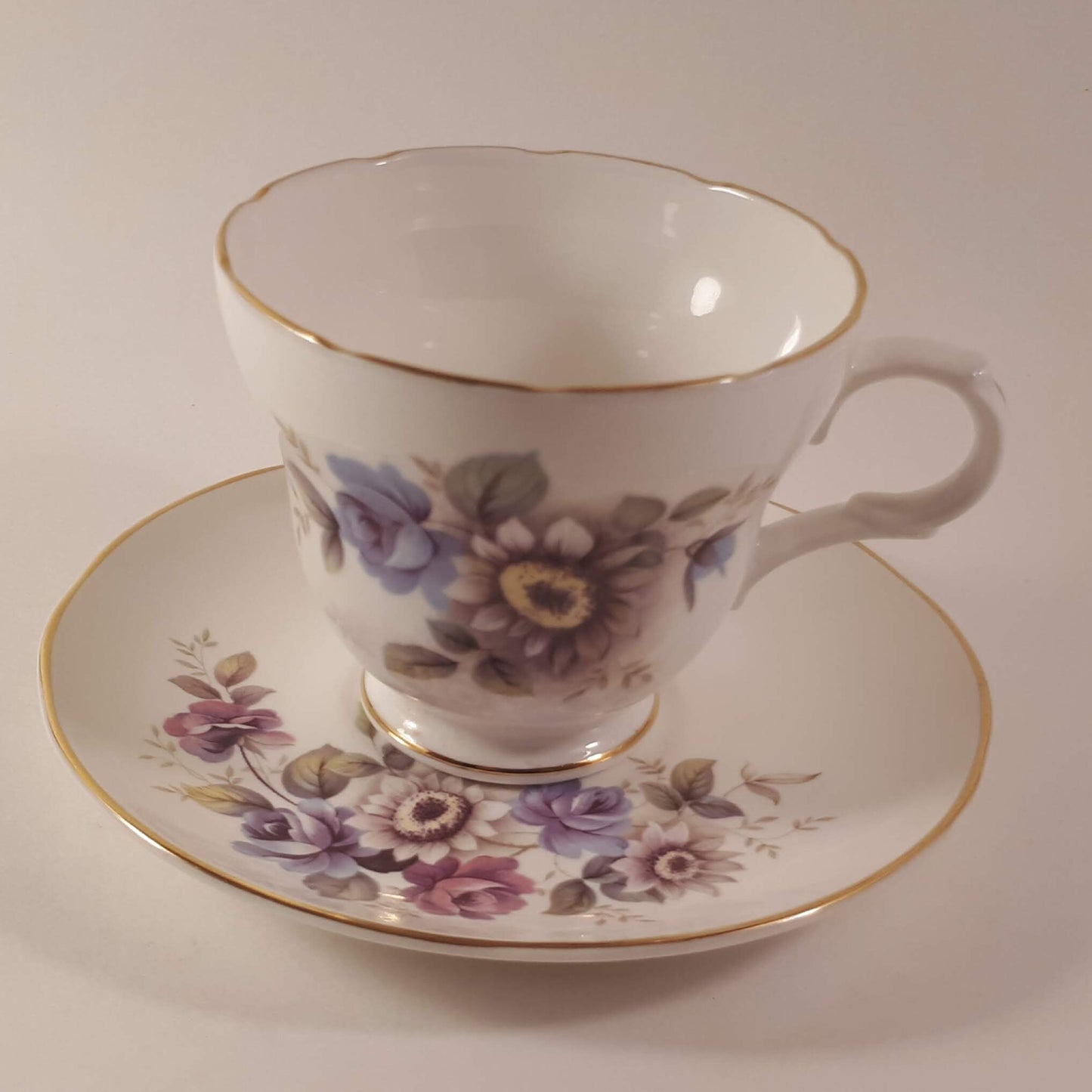 Vintage Crown Trent Teacup and Saucer Set: Pink and Purple Floral, Gold Trim