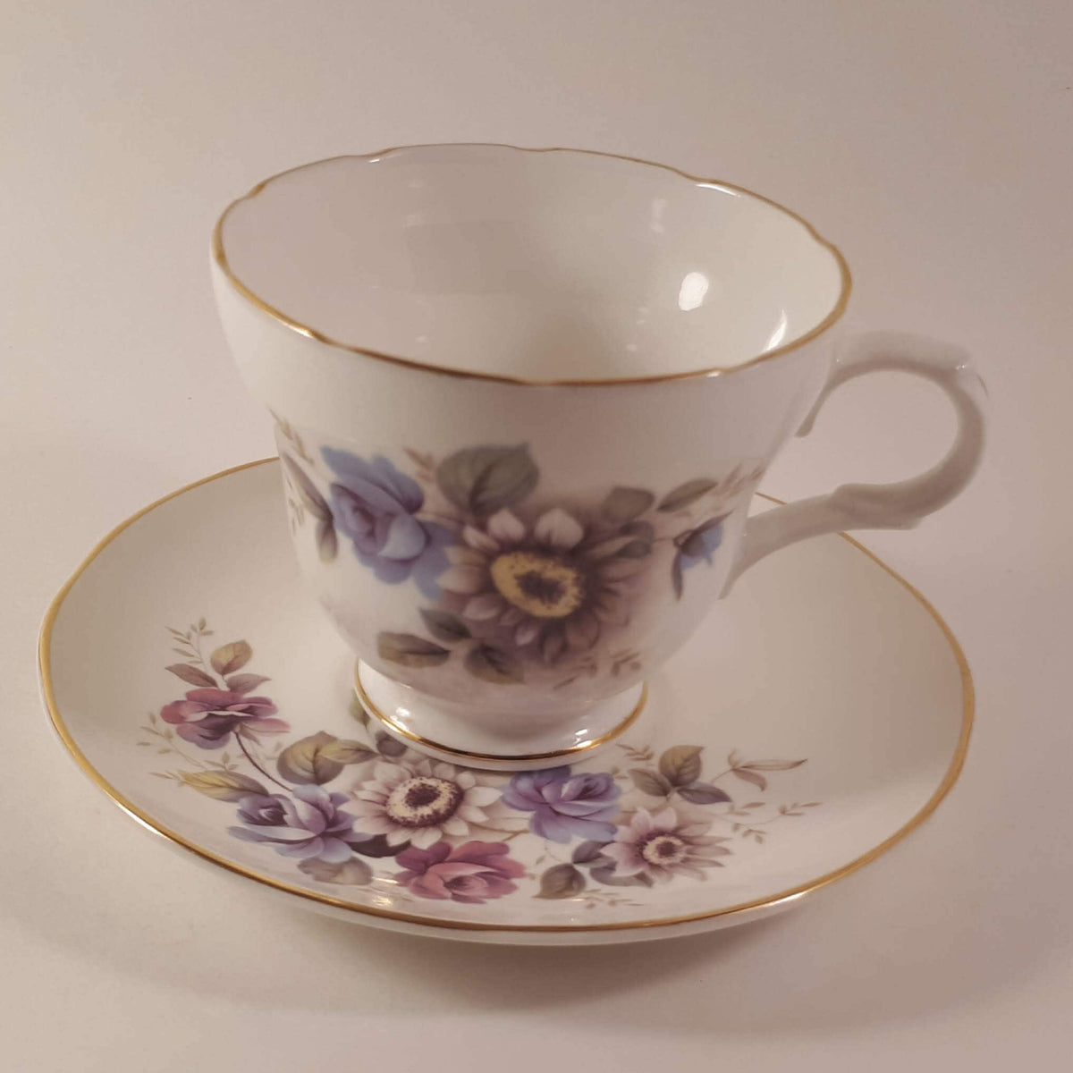 Vintage Crown Trent Teacup and Saucer Set: Pink and Purple Floral, Gold Trim