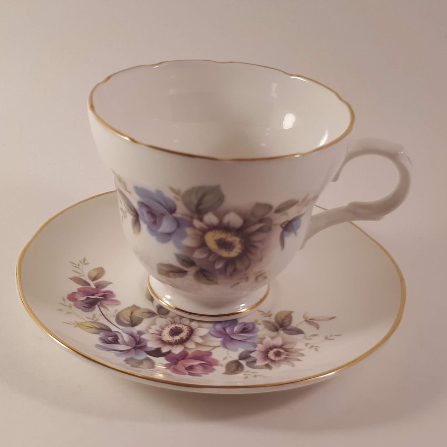 Vintage Crown Trent Teacup and Saucer Set: Pink and Purple Floral, Gold Trim