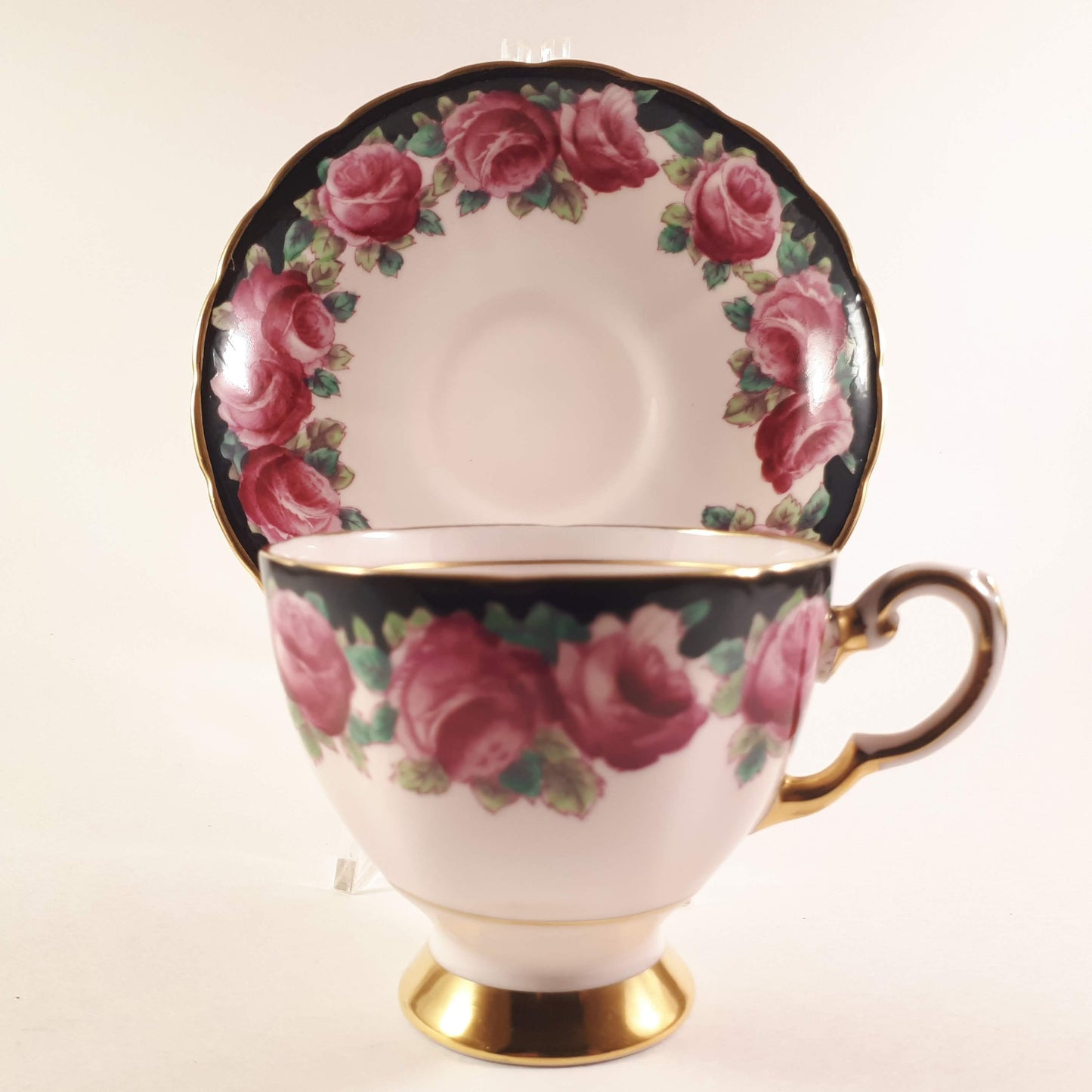 Pretty Vintage Tuscan Pink Roses Garland design on pink shade teacup and saucer