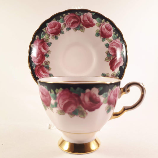 Pretty Vintage Tuscan Pink Roses Garland design on pink shade teacup and saucer