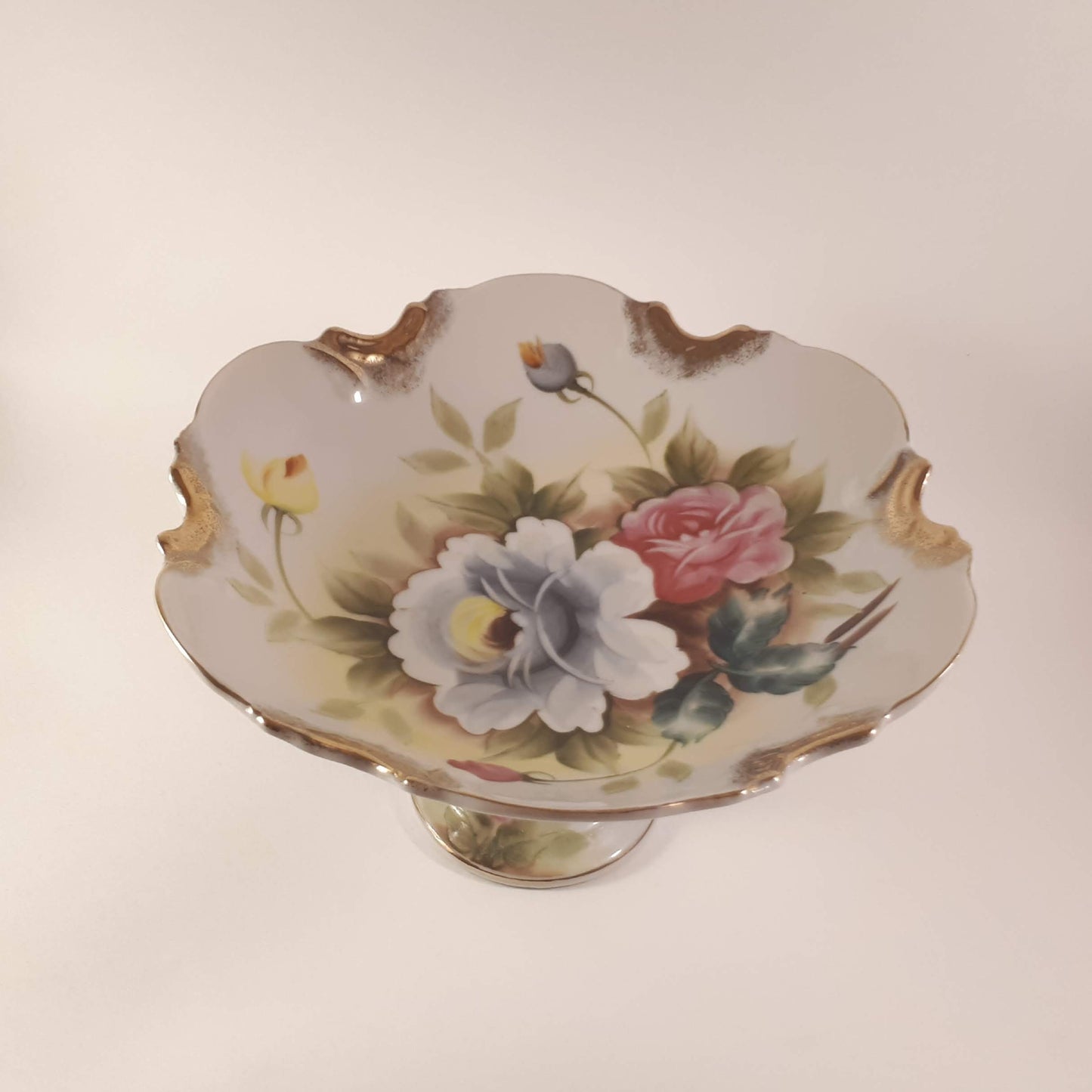Vintage Hand-Painted Japanese Floral Candy Dish, Footed Pedestal Bowl 9724