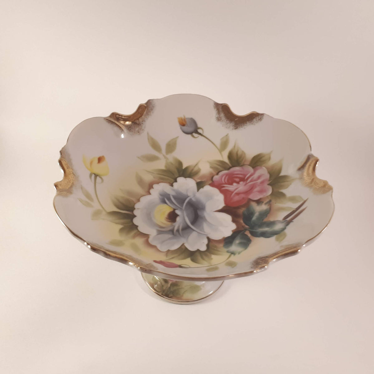 Vintage Hand-Painted Japanese Floral Candy Dish, Footed Pedestal Bowl 9724