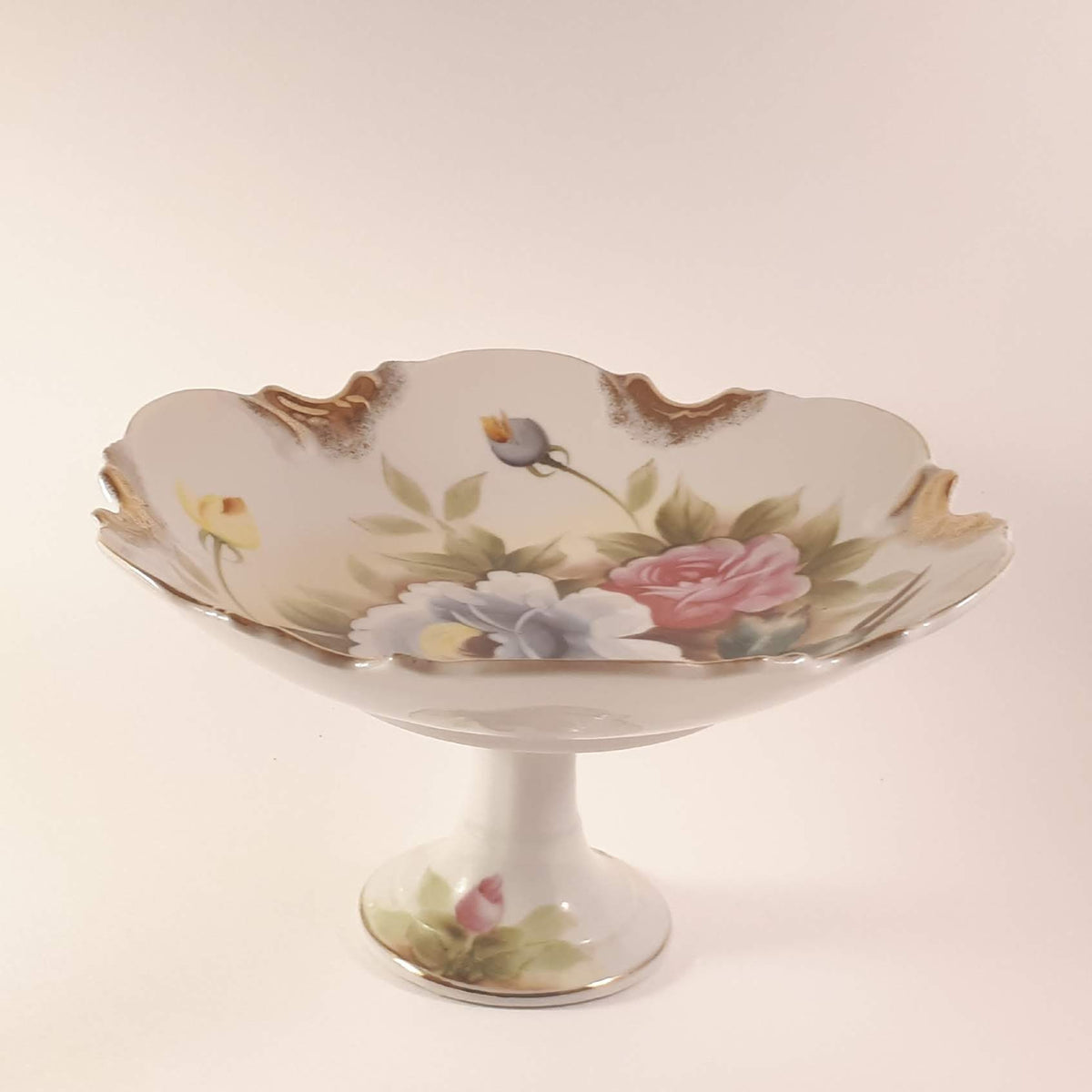 Vintage Hand-Painted Japanese Floral Candy Dish, Footed Pedestal Bowl 9724